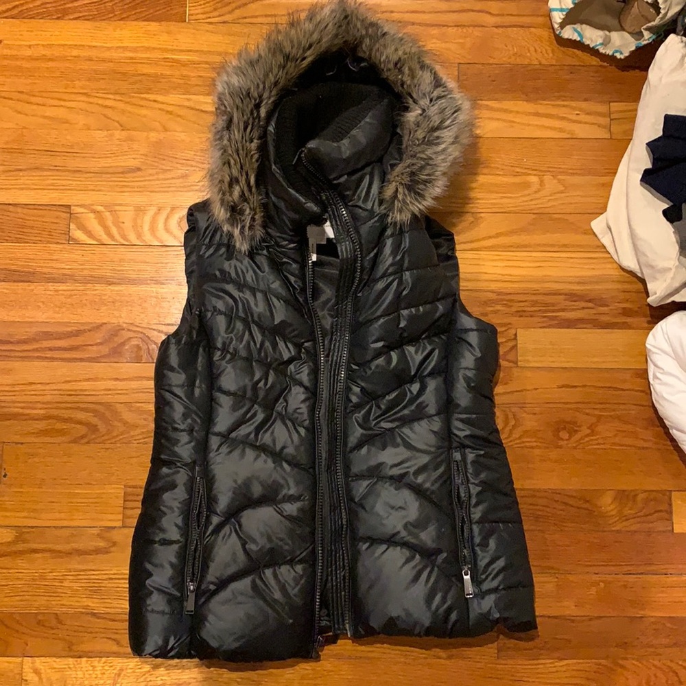 BCBG Puffer Vest with Faux-Fur Hood
